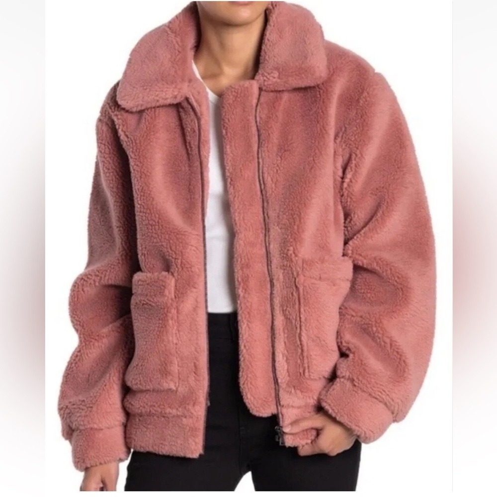 Elodie Dusty Rose Teddy Sherpa Zip-Up Jacket - Size Large - Cozy & Lined